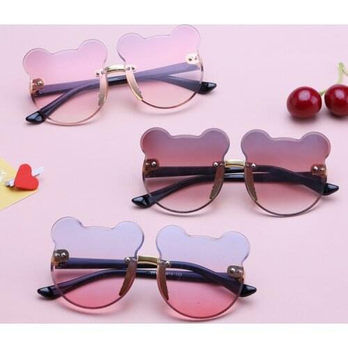Cute Bear Ears Rimless Frame Sunglasses Car Driving Children Kids Gray Pink Red Lens Fashion Boys Girls Uv400 Protection Eyewear