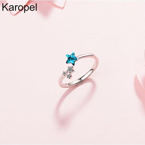 Karopel 925 Sterling Silver New Woman Fashion Jewelry High Quality Blue Star Crystal Zircon Ring Size Adjustable Open Ring