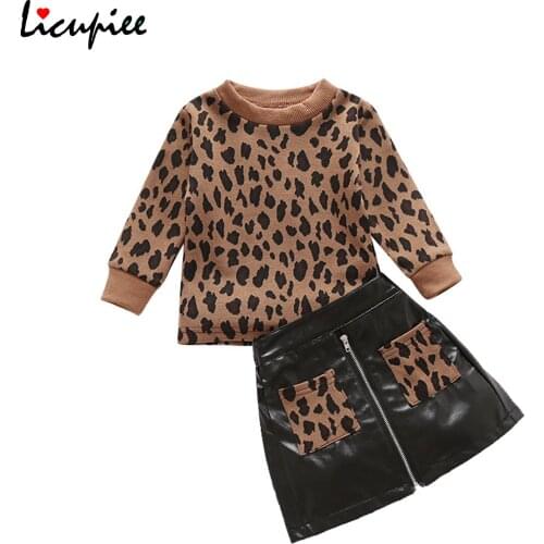 Girls Two Piece Set Toddlers Pullover Brown Leopard Sweater Hip Pocket Skirt for Kids and Children 1-6 Years