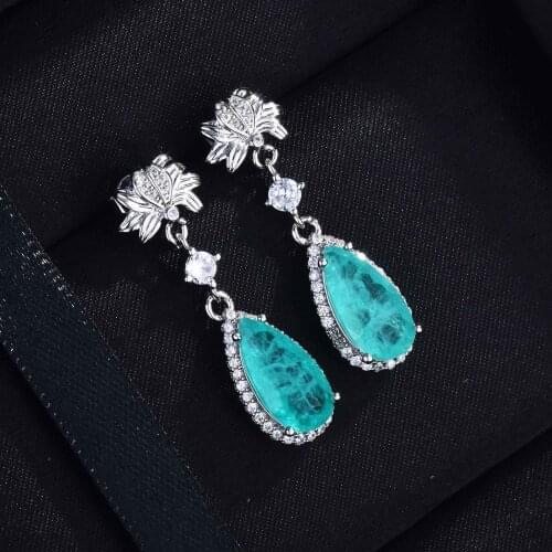 Fashion Water Drop Pendant Earrings Brazilian Paraiba Tourmaline Gemstone Dangler Earring for Ladies Wedding S925 Silver Jewelry