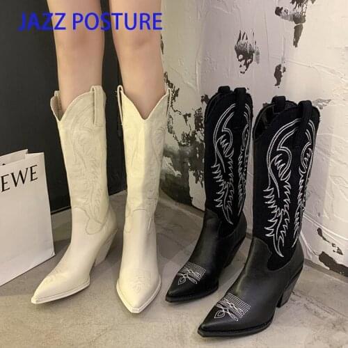 Fashion embossed microfiber leather women boots pointed toe western cowboy boots women Knee-High boots chunky wedges z715
