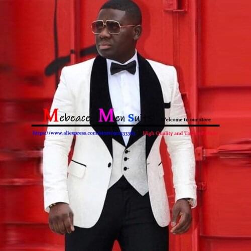 Fashion White African Men Suits For Wedding Prom 3Piece Groom Tuxedo Shawl Lapel Slim Fit Male Suit Jacket Vest With Black Pant