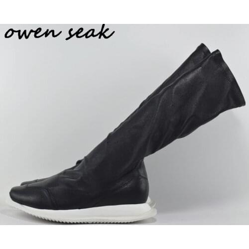 Owen Seak Men Shoes Knee High Boots Sheepskin Leather Luxury Trainers Autumn Sock Boots Casual Flats Man Shoes Black Sneakers
