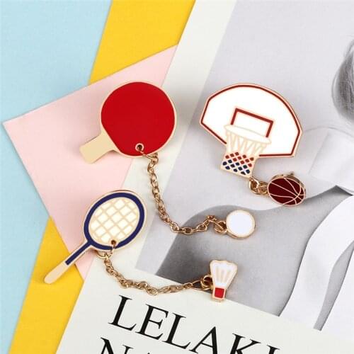 Sports Metal Enamel Pin Table Tennis Badminton Basketball Brooch Bag Women Sweaters Shirt Collar Chain Lapel Pins Badges Jewelry