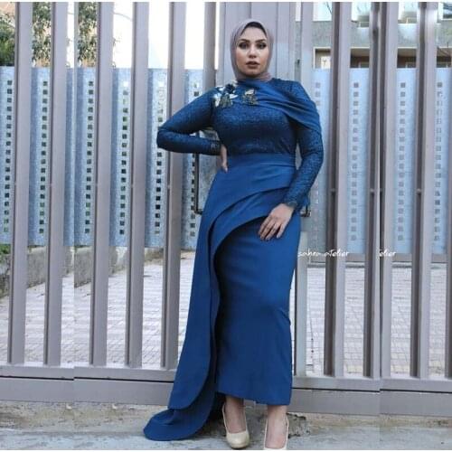 Navy Blue Mermaid Muslim Evening Dresses High Collar Long Sleeve Overskirt Ankle Length Formal Gowns