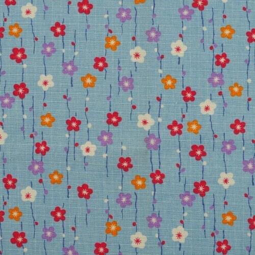 Ripstop Cotton Linen Fabric for sewing pathwork, bedding, hadmaking, Sakura on blue background (width=140cm)