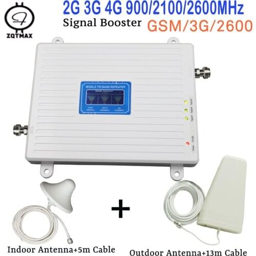 900 2100 2600 tri band repeater gsm 900Mhz UMTS 2100Mhz LTE 2600Mhz cell phone signal booster 2g 3g 4g data Amplifier + antenna
