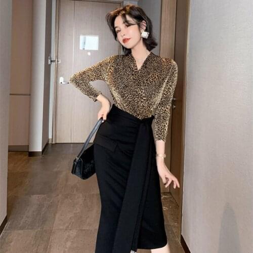 2 Piece Set Spring Vintage Women Suit Leopard Full Sleeve V Neck Top and Asymmetrical Black Skirt Two Piece Set Elegant Vestidos