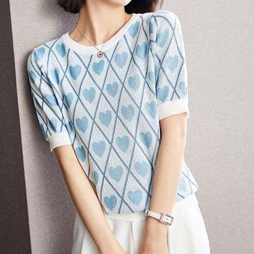 LJSXLS Knitted Sweater Women Loose O Neck Short Sleeve Blue Love Pullovers Tops Korean Cute Clothes 2021 Summer Pull Jumpers