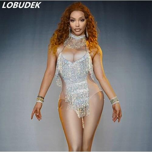 Bar Party Show Women Sequins Tassel Bodysuit Elastic Tights Nightclub Female DJ Latin Pole Dancing Sexy Stage Costume Dance Wear