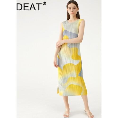 DEAT Women Midi Pleated Dress Yellow Print Split Round Collar Sleeveless Loose Waist Slim Casual Style 2021 New Summer 15XF770