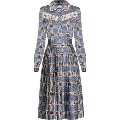 QUALITY New HIGH Fashion 2021 Runway Dress Womens Long Sleeve Shirt Collar Retro Floral Print Pleated Dress