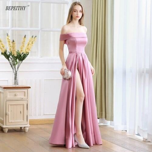 2020 BEPEITHY Spring Robe De Soiree Pink Off The Shoulder Evening Dresses With High Slit Sexy Long Prom Party Dress Abendkleider