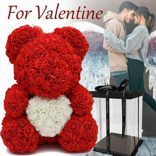 Hot 40cm Artificial Rose Heart Teddy Bear Handmade Bear of Roses For Women Valentines Day Wedding Birthday Gift Drop Shipping