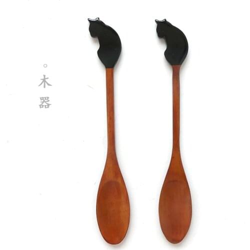 3PCS 21x3CM Japan style black cat handle wooden stirring spoon dessert spoon long wood coffee spoons tableware gift