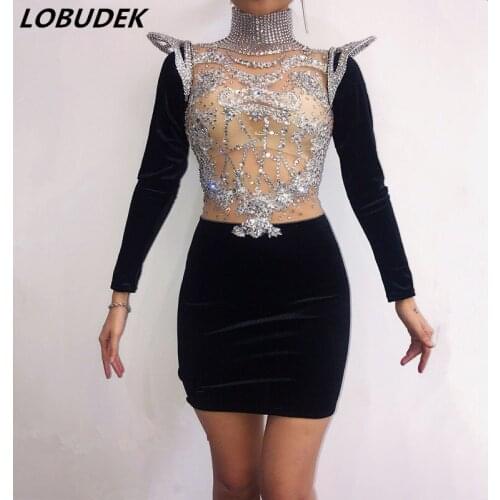 Sparkly Rhinestones Perspective Dress Women Singer Concert Stage Wear Sexy Nightclub Bar Party Host Models Performance Costume
