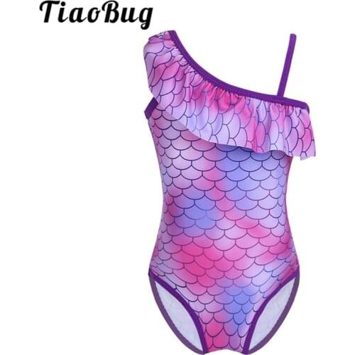 TiaoBug Children Girls One-piece Mermaid Scale Ruffle One-shoulder Swimsuit Kids Toddler Swimwear Stretchy Bodysuit Bathing Suit
