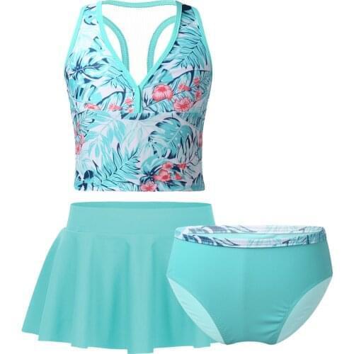 Kid Girl Tankini Digital Printed Swimsuit Summer Swimming Outfits Swimwear Bathing Suit V Neck Tops Bottoms Mini Skirt 3Pcs Sets