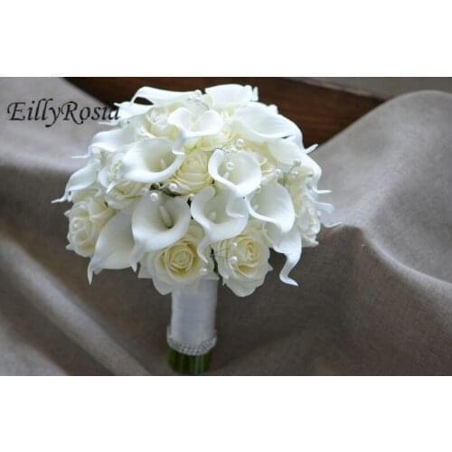 EillyRosia White Roses Cala Lily Bridal Bouquet Pearls Decoration Outdoor Wedding Flowers for Bride Bridesmaid sztuczne kwiaty