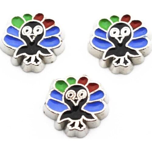 Hot Sale 10pcs/lot Metal Animal Colorful Cartoon Peacock Floating Charms For Living Glass Lockets Pendant Necklace DIY Jewelry