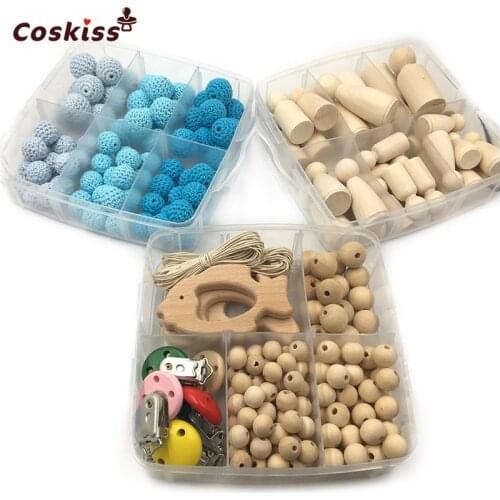 3 Boxed Natural Wood Peg Dolls Round Wooden Beads Mixed Color Pacifier Clip Crochet Beads Creative Freedom DIY Baby Teether Set