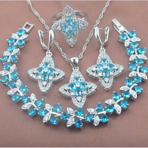 Shining Sky Blue Zirconia Silver Plated Jewelry Sets Womens Bracelet Necklace Pendant Earrings Ring YZ0344