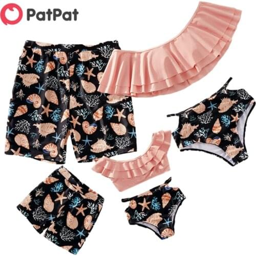 PatPat 2021 New Summer Shell and Starfish Print Off Shoulder Matching Swimsuits for Family