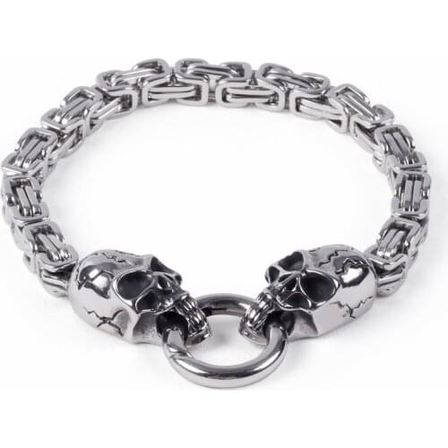 Punk 21.5cm Long Skull Bracelets For Men Stainless Steel Animal Dragon Charm Byzantine Chain Brecelets Male Gothic Jewelry