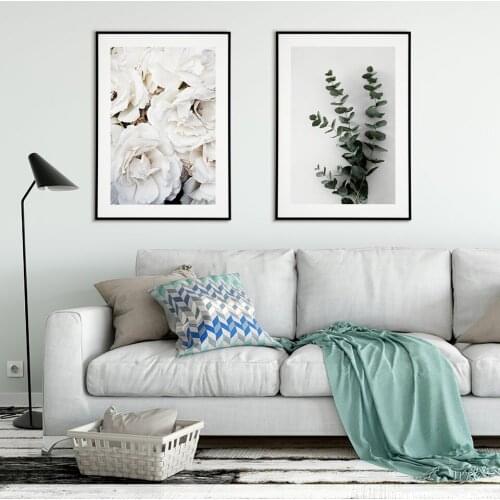 Self-adhesive Wall Sticker White Roses Posters Prints Eucalyptus Branch Poster Wall Art Flowers Wall Pictures For Living Room