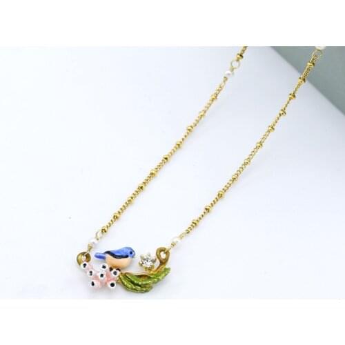 European and American Forest Series Rhythmic Forest Series Enamel Glazed Blue Bird Pink Flower Green Leaf Necklace Jewelry