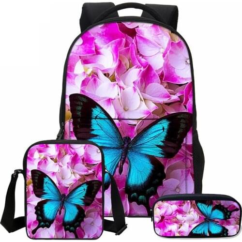 VEEVANV 3 PCS/SET Fashion 3D Butterfly Printing Bookbag Canvas Backpacks Women Shoulder Bags Children Backpacks Girls School Bag