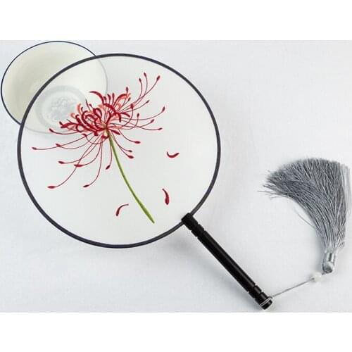 Vintage Round Chinese Mulberry Silk Fan Dance Costume Decorative Craft Fan Single - side Embroidery Ebony Handle Fan Women Gift