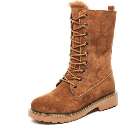 New Top Fashion Long Boots Lace Up Warm Snow Boots Genuine Leather Women Boots Rubber Soles Non-Slip Waterproof Shoes