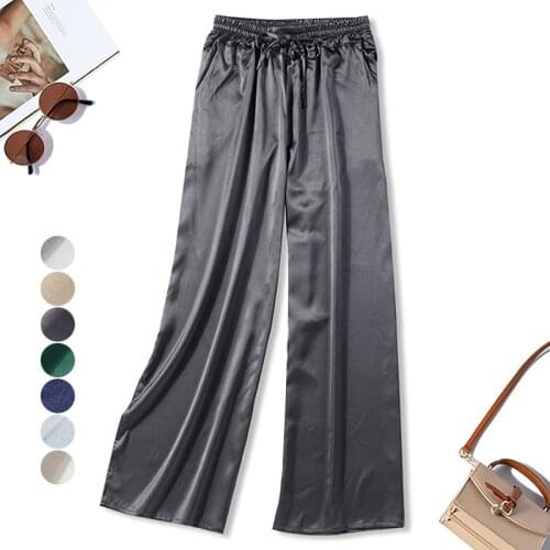 Womens 92% Mulberry Silk 8% Spandax Satin Silk Tied Waist Wide Leg Long Pants Trousers JN564