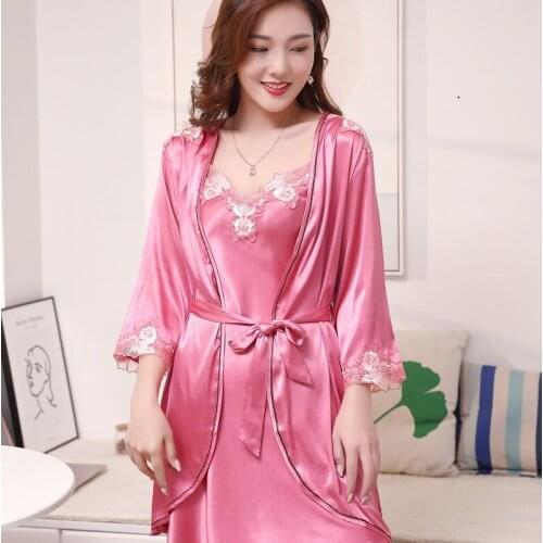 Women Robe Set 2PCS Lace Floral Trim Rayon Strap Top Nightdress Kimono Bathrobe Loose Home Dress Dressing Gown Summer Sleepshirt