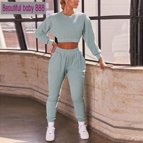 Meqeiss 2020 Autumn Winter Women New Casual Fashion Long Sleeve Round Neck Short Top Harlan Elastic Waist Pants Two Piece Set