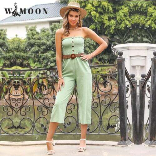 2021 Summer New One-word Shoulder Solid Color Toned Belt Sashes Casual Jumpersuit Women Mint Green Fashion Jump Suits for Women