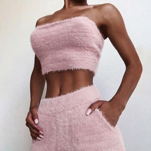 Women 2 Piece Fall Winter Warm Clothes Set Casual Pink Black Bodycon Two Piece Wrap Chest Crop Top and Shorts Bandage Party Set