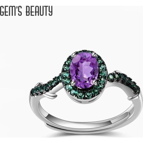 GEMS BEAUTY 925 Sterling Silver Open Adjustable Rings Natural Amethyst Gemstone Handmade Statement Ring For Women Fine Jewelry