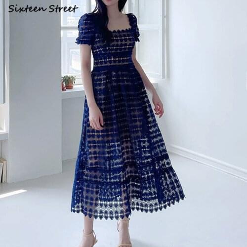 Runway Blue Lace Dresses Woman Square Collar Summer Party Dress Puff Sleeve High Waist Vintage Self Dress Woman Luxury Clothing