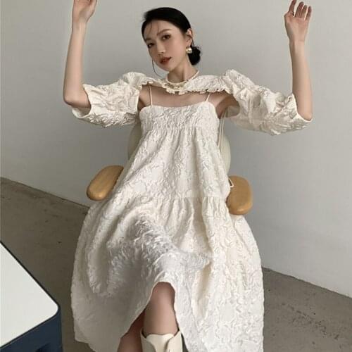 2021 Summer Fashion Women One Word Collar Waistcoat Sling Puffy Dress Set Slim Elegant Vestido Mujer Verano Ladies Dress Suits