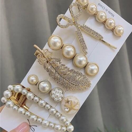 6pcs/set Pearl Rhinestone Barrette Hairpin Hair Accessories Full Crystal Pearl Metal Hair Clip Hairgrips Headdress Set Wholesale