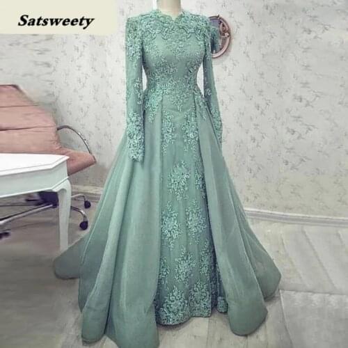 Turquoise Muslim Lace Evening Dresses Long Sleeve Appliques A-Line Evening Gown Dubai Arabic Special Occasion Formal Dress Abiye