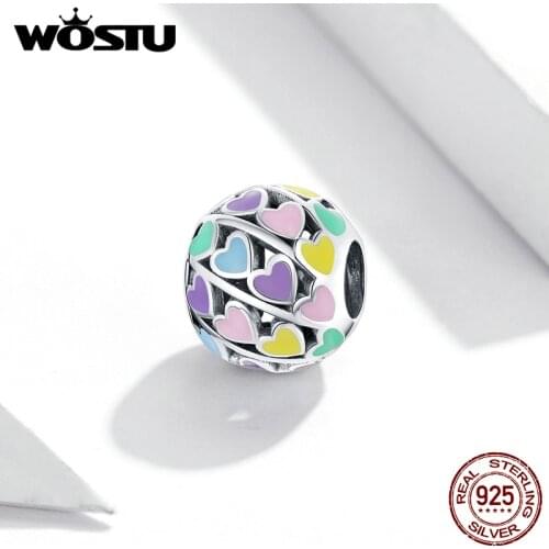 WOSTU Beads 925 Sterling Silver Round Colorful Heart Shaped Charms Fit Silver Original DIY Bracelet Jewelry Accessories FIC1758