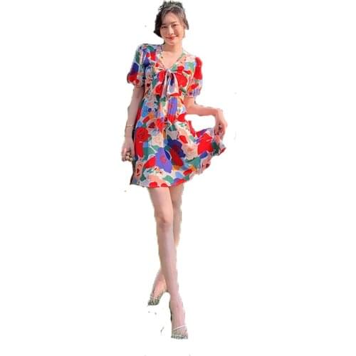 Floral Dress 2021 New Summer French Design Mini Harajuku Cottagecore Small Crowd Show Thin Bubble Sleeve Oil Painting Skirt