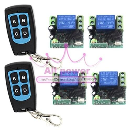 Quad 12V remote switch , fixed code , jog/inter-lock working way, 2 controller and 4 receiver per set