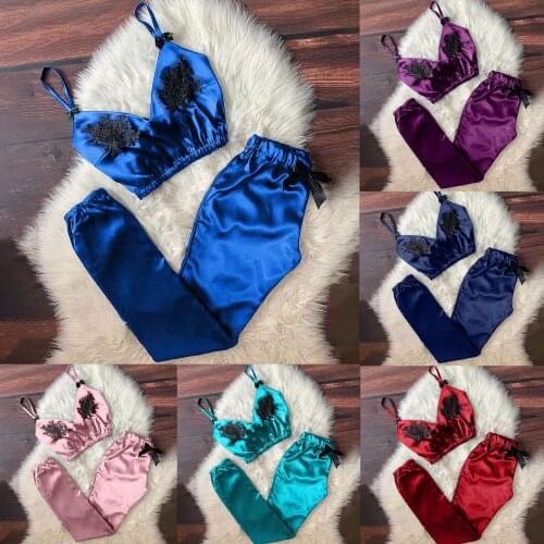 Women Sleepwear Underwear Set Women V-Neck Eyelash Lace Sexy Stain Camisole Pajamas Bowknot Pants Set Pijama Femme Satin #L