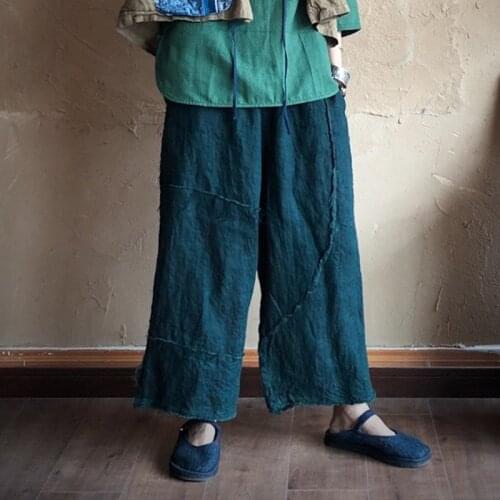 Johnature 2021 Autumn New Patchwork Women Pants Linen Elastic Waist Loose Vintage Ankle-Length Linen Casual Straight Pants
