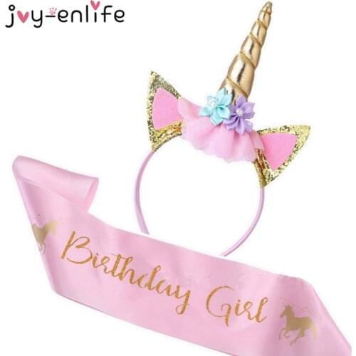 Birthday Girl Sash Satin Silk Sash with Unicorn Headband Girl 1st Birthday Party Decor Rainbow Unicornio Party Headbands