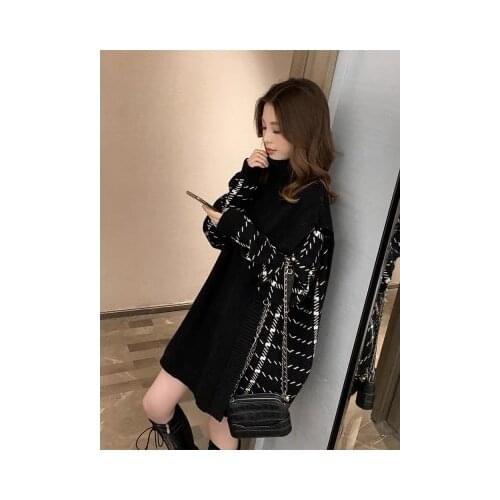Fashion women sweater 2020 autumn and winter new high neck stitching fake two-piece sweater loose and lazy style